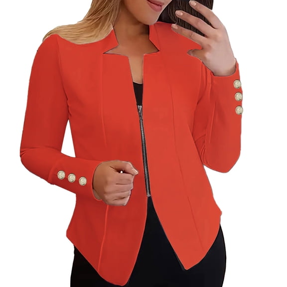 Blazers For Women Autumn Solid Color Suit Jacket Zippered Cuffs With Buttons Blended Fabric Female Polyester Jacket Suit Jackets Blazers & Sport Coats 1Pc Orange L