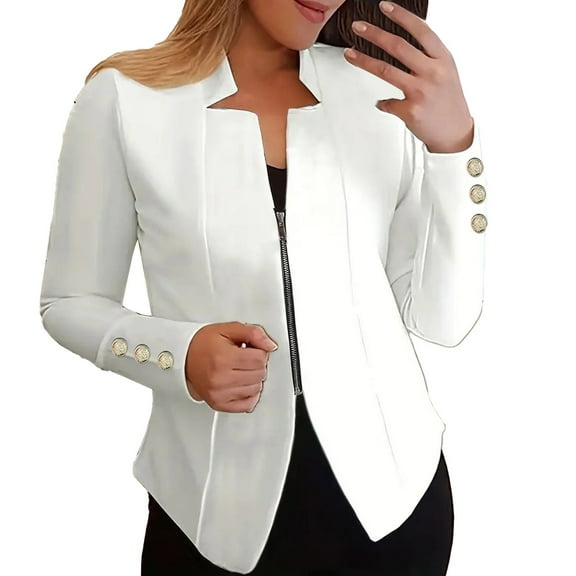 Blazers For Women Autumn Solid Color Suit Jacket Zippered Cuffs With Buttons Blended Fabric Female Polyester Jacket Suit Jackets Blazers & Sport Coats 1Pc White 5Xl