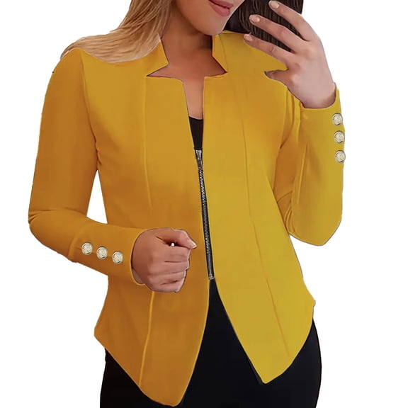 Blazers For Women Autumn Solid Color Suit Jacket Zippered Cuffs With Buttons Blended Fabric Female Polyester Jacket Suit Jackets Blazers & Sport Coats 1Pc Yellow L