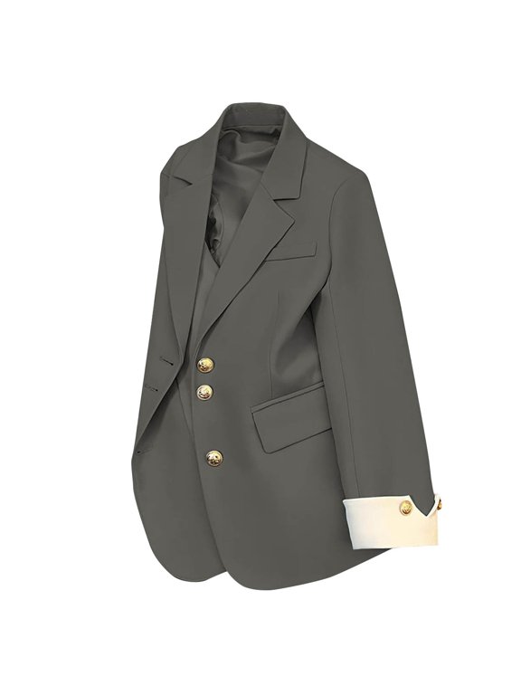 Blazers For Women Business Casual Slim Fit Blazer Fashion Lapel Open Front Gold Button Blazer Jacket Elegant Business Casual Solid Color Work Office Suit Coat With Rolled Cuffs L Gray