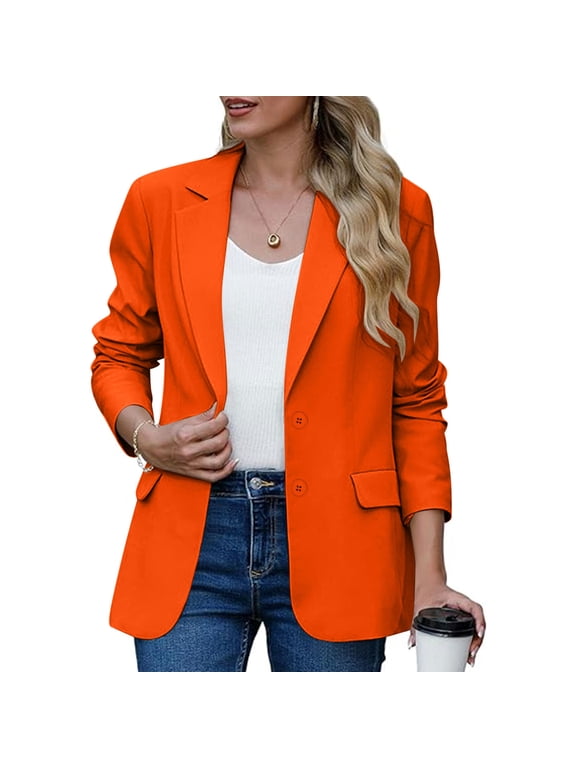 Blazers for Women Casual Long Ruched Sleeve Suit Plain Open Jackets Clearance Work Office Womens Coats Cardigan Suit Formal Jacket Top Solid Color Collar Ladies Blazer Coats Orange L
