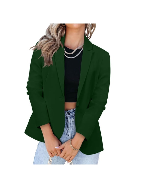 Blazers for Women Casual Open Ruched 3/4 Sleeve Jackets Plain Suit Work Office Formal Jacket Top Womens Coats Cardigan Suit Collar Solid Color Ladies Blazer Coats Green S