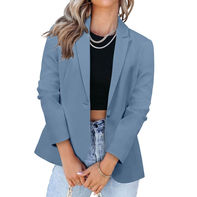 Blazers for Women Casual Open Ruched 3/4 Sleeve Jackets Plain Suit Work Office Formal Jacket Top Womens Coats Cardigan Suit Collar Solid Color Ladies Blazer Coats Light Blue L