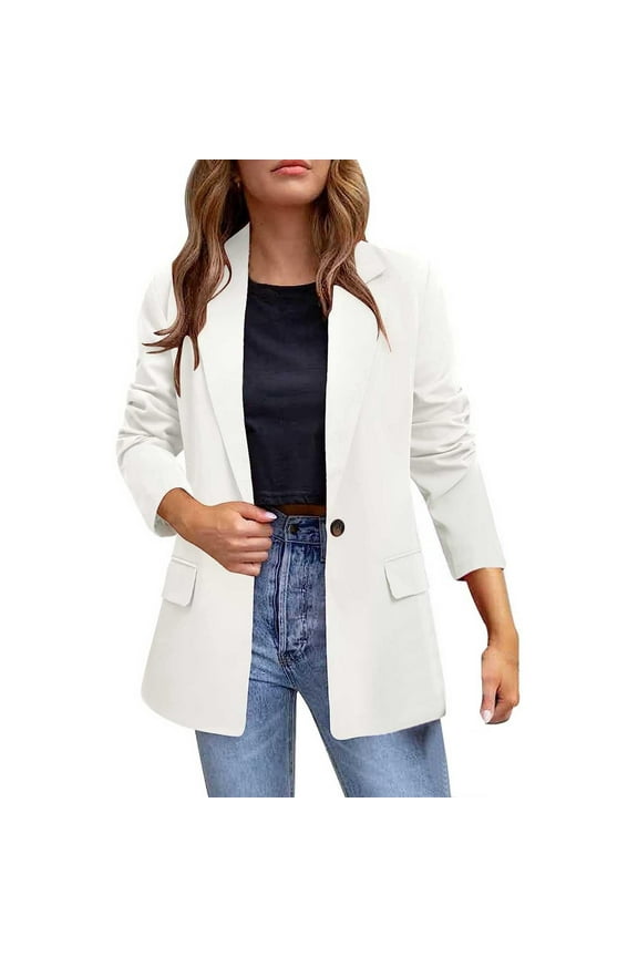 Blazers for Women Casual Long Ruched Sleeve Suit Plain Open Jackets Work Office Womens Coats Cardigan Suit Formal Jacket Top Solid Color Collar Italian Ladies Blazer Coats