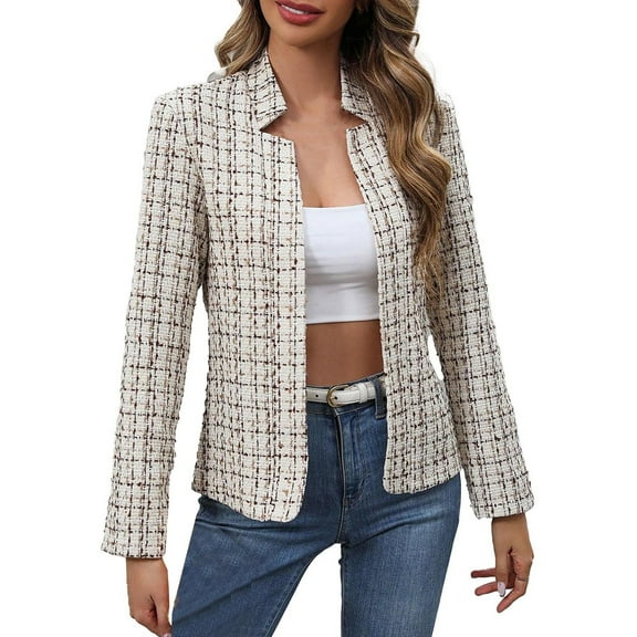 Blazers For Women Lightweight Plaid Open Front Stand Collar Lined Jacket Casual Fashion Elegant Polyester-Cotton Blend Blending Coats Suit Jackets Blazers & Sport Coats 1Pc Beige Xl