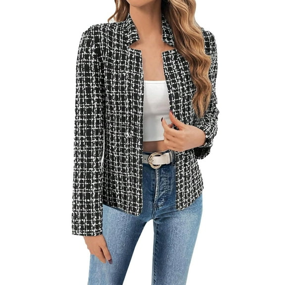 Blazers For Women Lightweight Plaid Open Front Stand Collar Lined Jacket Casual Fashion Elegant Polyester-Cotton Blend Blending Coats Suit Jackets Blazers & Sport Coats 1Pc Black Xl