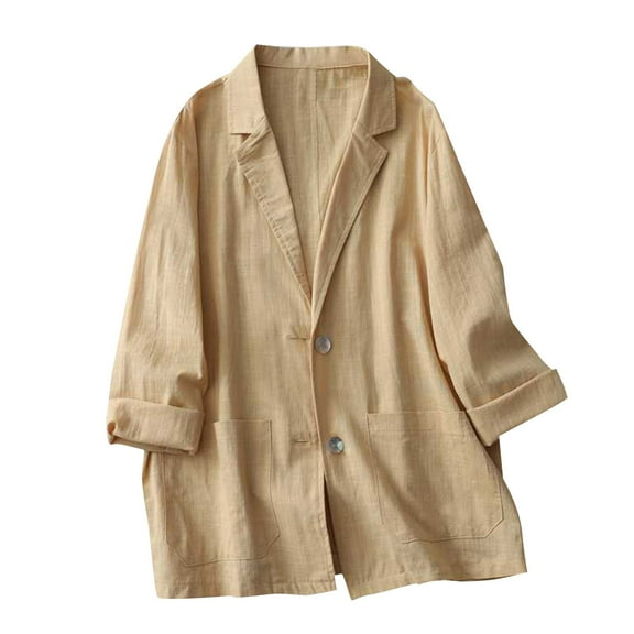 Blazers For Women Linen Summer Lightweight Casual Jacket One Button Linen Work Jacket With Lapel 3/4 Sleeve Trendy Polyester Spandex Blending Shirts Suit Jackets Blazers 1Pc Yellow L