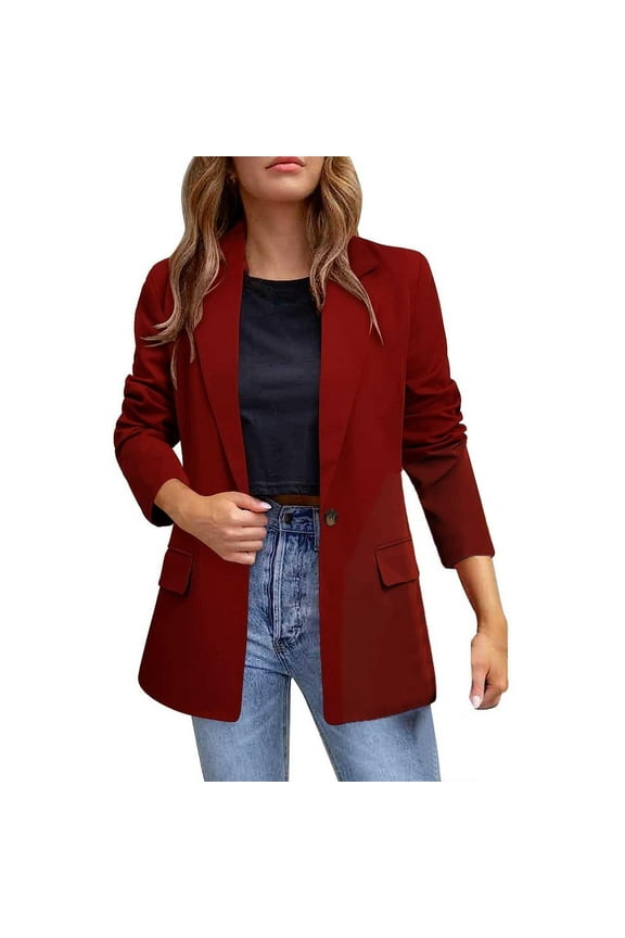 Blazers for Women Casual Long Ruched Sleeve Suit Plain Open Jackets Work Office Womens Coats Cardigan Suit Formal Jacket Top Solid Color Collar Italian Ladies Blazer Coats