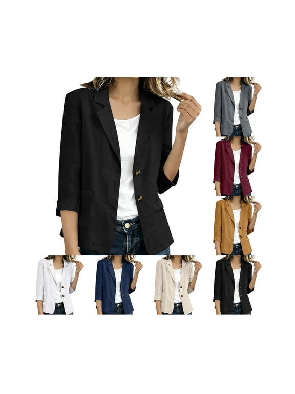 Blazers for Women Business Casual 3/4 Ruched Sleeve Open Front Blazer Lightweight Breathable Office Work Jackets