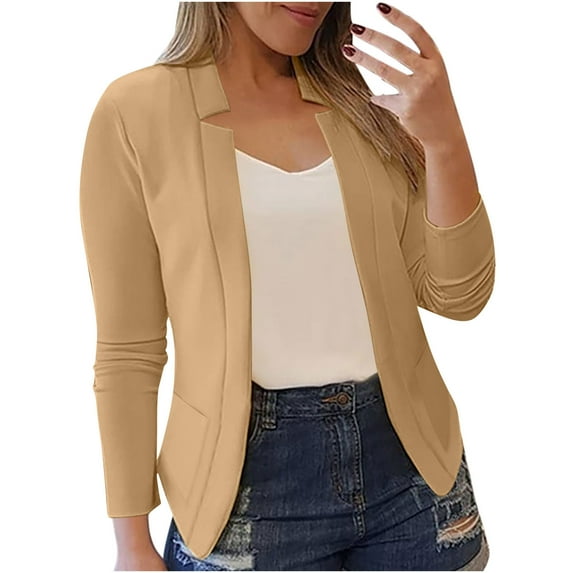 Blazers for Women Business Casual Cropped Blazer Jackets Dressy Open Front Cardigans Long Sleeve Notch Outerwear, Khaki (XX-Large)