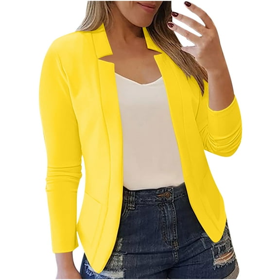 Blazers for Women Business Casual Cropped Blazer Jackets Dressy Open Front Cardigans Long Sleeve Notch Outerwear, Yellow (Small)