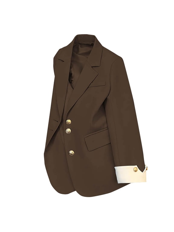 Blazers for Women Business Casual Double Breasted Work Jacket with Gold Buttons Long Sleeve Suit Coat for Office Wear M