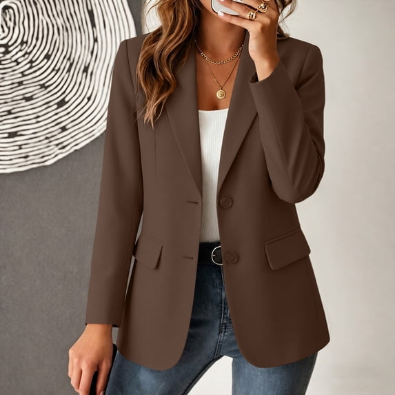 Blazers for Women Business Casual Long Sleeve Open Front Button Blazer Office Travel Lapel Suit Jackets with Pockets(Brown,S)
