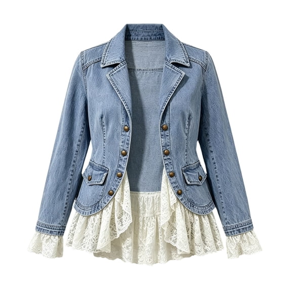 Blazers for Women Lace Patchwork Notch Lapel Button Front Denim Jacket ...