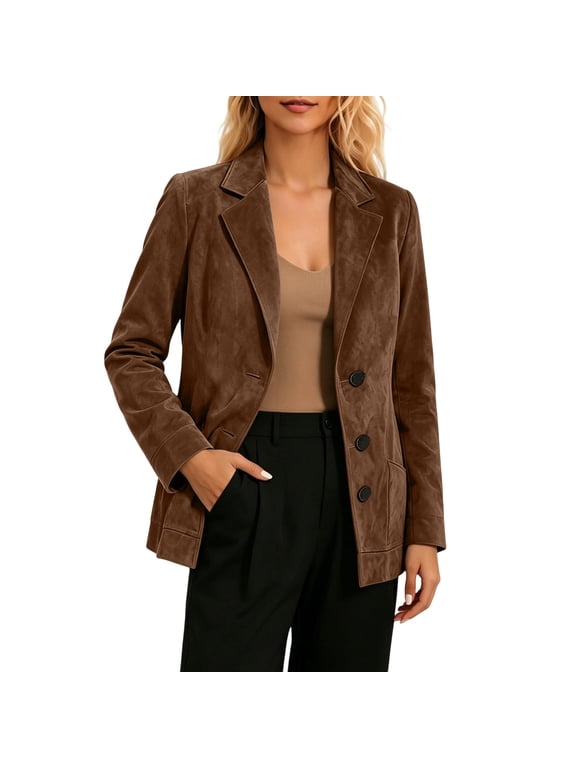 Blazers for Women Lapel Collar Faux Suede Jackets Old Money Fall Dressy Business Casual Coat with Pockets Brown M