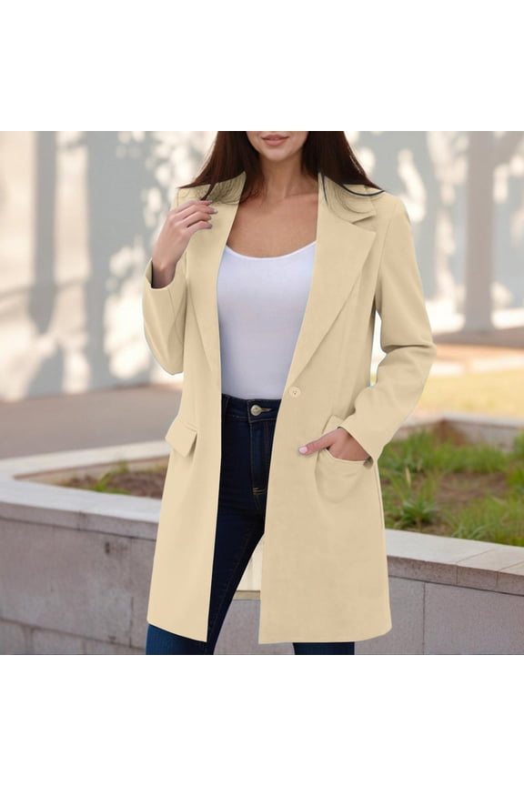 Blazers for Women Lapel Open Front Long Sleeve Suit Jacket Fall Lightweight Work Office Blazer Solid Color Suit Coat Beige L