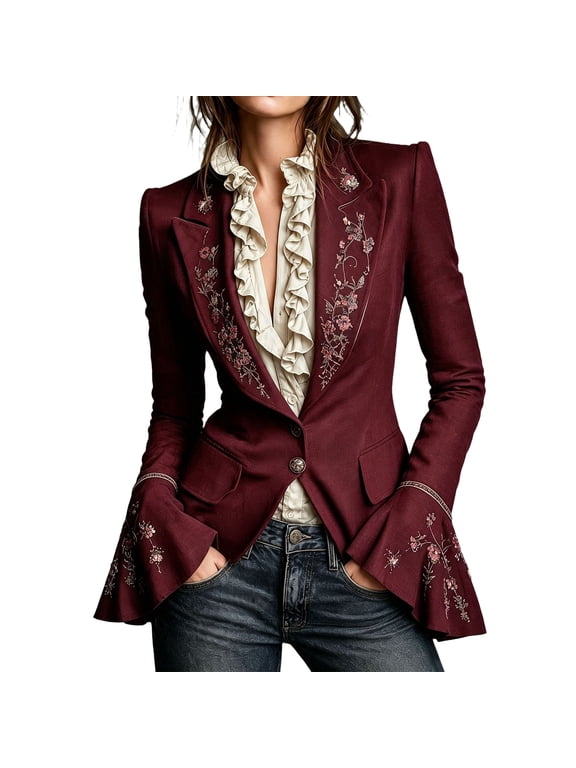 Blazers for Women Vintage Floral Embroidered Bell Sleeve Cinched Waist Lapel Fall Casual Jacket, S