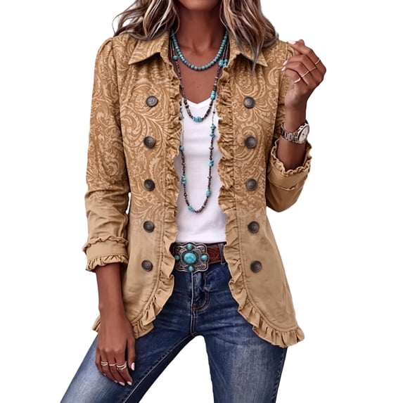 Blazers for Women Vintage Ruffled Lapel Collar Long Sleeve Jacket Fashion Print Single Breasted Casual Western Daily Office Outerwear Brown S