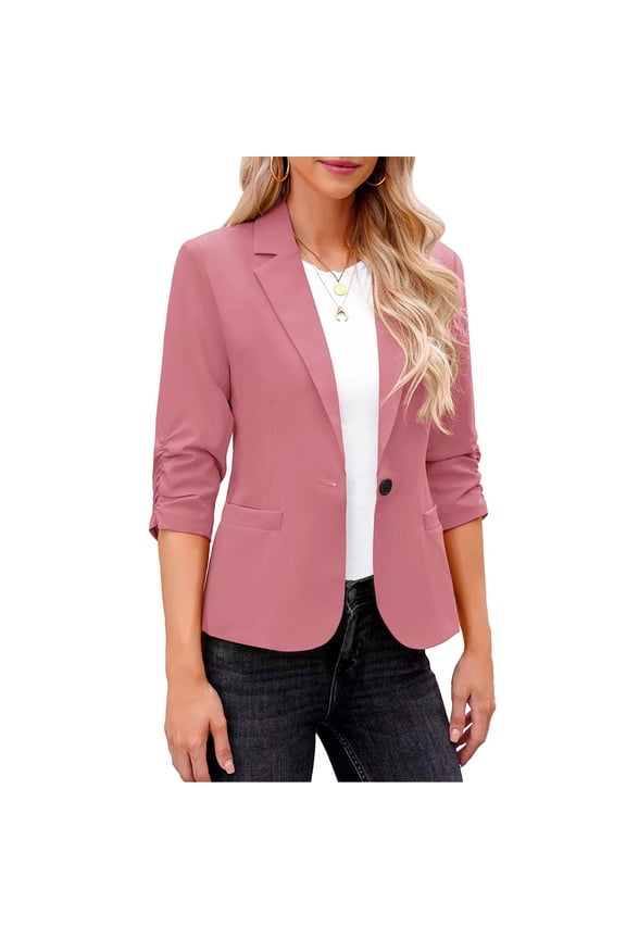 Blazers for Women, Womens Jackets Longline 3/4 Ruched Sleeve Blazer Casual 1 Button Coat Formal Lapel Suit Jacket for Office Business Pink M