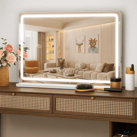 Blazezo 19x22" LED Vanity Mirror with Lights, Dimmable 3 Color Modes, 3600-6000K Lighted Makeup Mirror with Aluminum Frame, USB Charging Port, Memory Function, for Bedroom Desk Tabletop Wall Mount