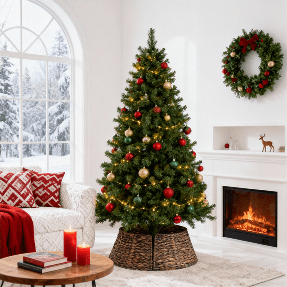 Blazezo 24in Christmas Tree Collar, Rattan Tree Skirt, Farmhouse Decor with Cord Cut-Out, Easy Assembly Water Hyacinth Base Cover for Holiday Home Decoration