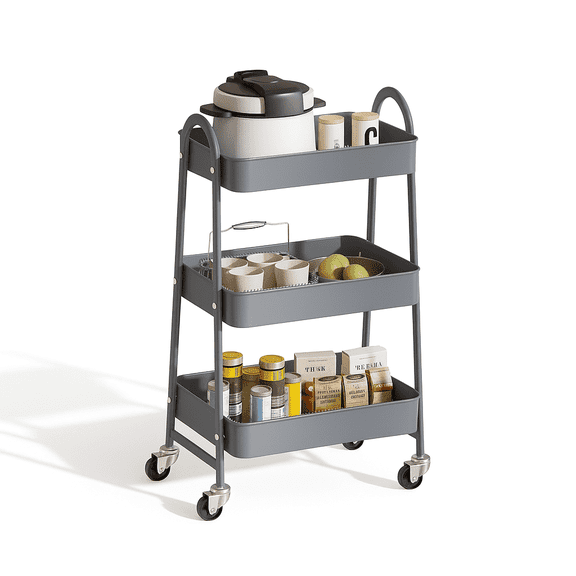 Blazezo 3 Tier Rolling Utility Cart, Metal Storage Organizer, Locking Wheels, Multi-Purpose, Black