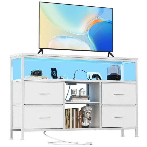Blazezo 43 inch TV Stand with Power Outlets & App Controlled LED Lights, Media Console with 4 Fabric Drawers, Charging Station for Living Room, BedroomEntertainment Center White