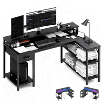 Blazezo 53 inch L Shaped Gaming Desk with LED Lights & Power Outlets, Reversible Corner Computer Desk with Monitor Stand, Drawer & Shelves for Home Office