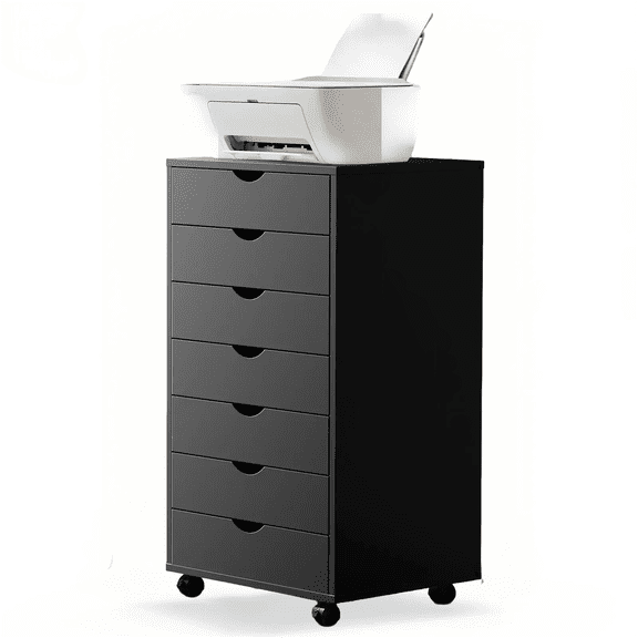 Blazezo 7 Drawer Rolling File Cabinet, Mobile Storage Cart with Locking Wheels, Under Desk Organizer, Wood Printer Stand for Home Office, Craft & Closet Storage, Space Saving Furniture (Black)