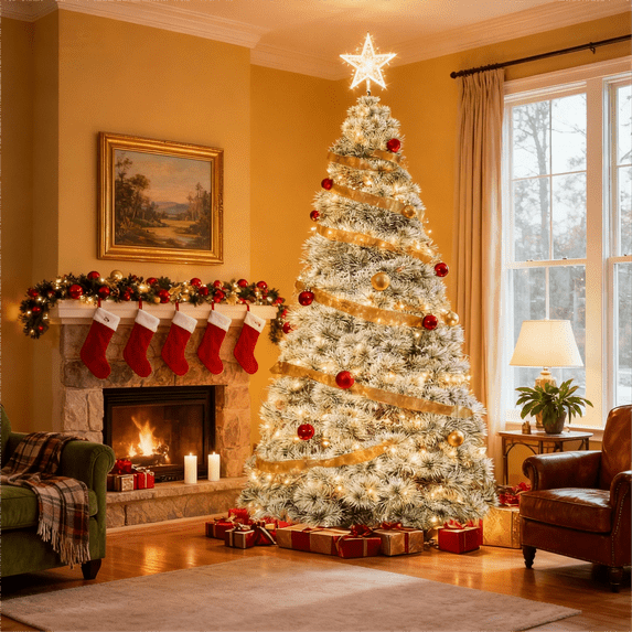 Blazezo 9FT Pre-lit Artificial Christmas Pine Tree with 600 Warm White LED Lights, 8 Lighting Modes Holiday Decor with Sturdy Metal Stand, 2000 Full Tips for Home Office Party