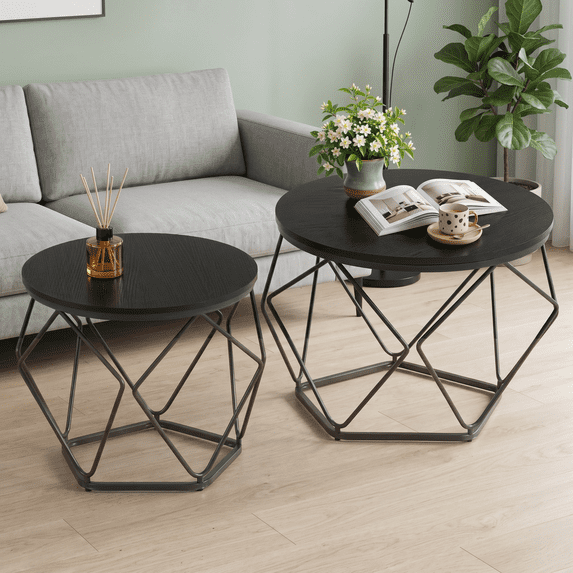 Blazezo Coffee Table Set of 2 Small Round Side Table with Steel Frame, Hidden Storage Space Stackable End Table for Living Room Bedroom Office