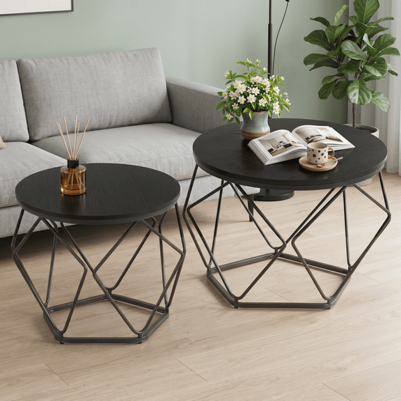 Blazezo Coffee Table Set of 2 Small Round Side Table with Steel Frame, Hidden Storage Space Stackable End Table for Living Room Bedroom Office