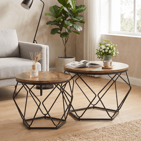 Blazezo Coffee Table Set of 2 Small Round Side Table with Steel Frame, Hidden Storage Space Stackable End Table for Living Room Bedroom Office