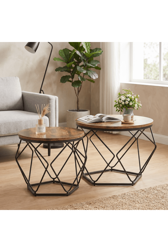 Coffee Table Set of 2 Small Round Side Table with Steel Frame, Hidden Storage Space Stackable End Table for Living Room Bedroom Office
