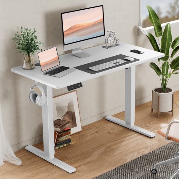 Blazezo Electric Standing Desk with 3 Memory Presets, 40x24 Inch Adjustable Computer Desk 28.7-48 Inch, Quiet Motor Stand Up Desk for Home Office, Ergonomic Workstation with T-Shaped Frame (White)