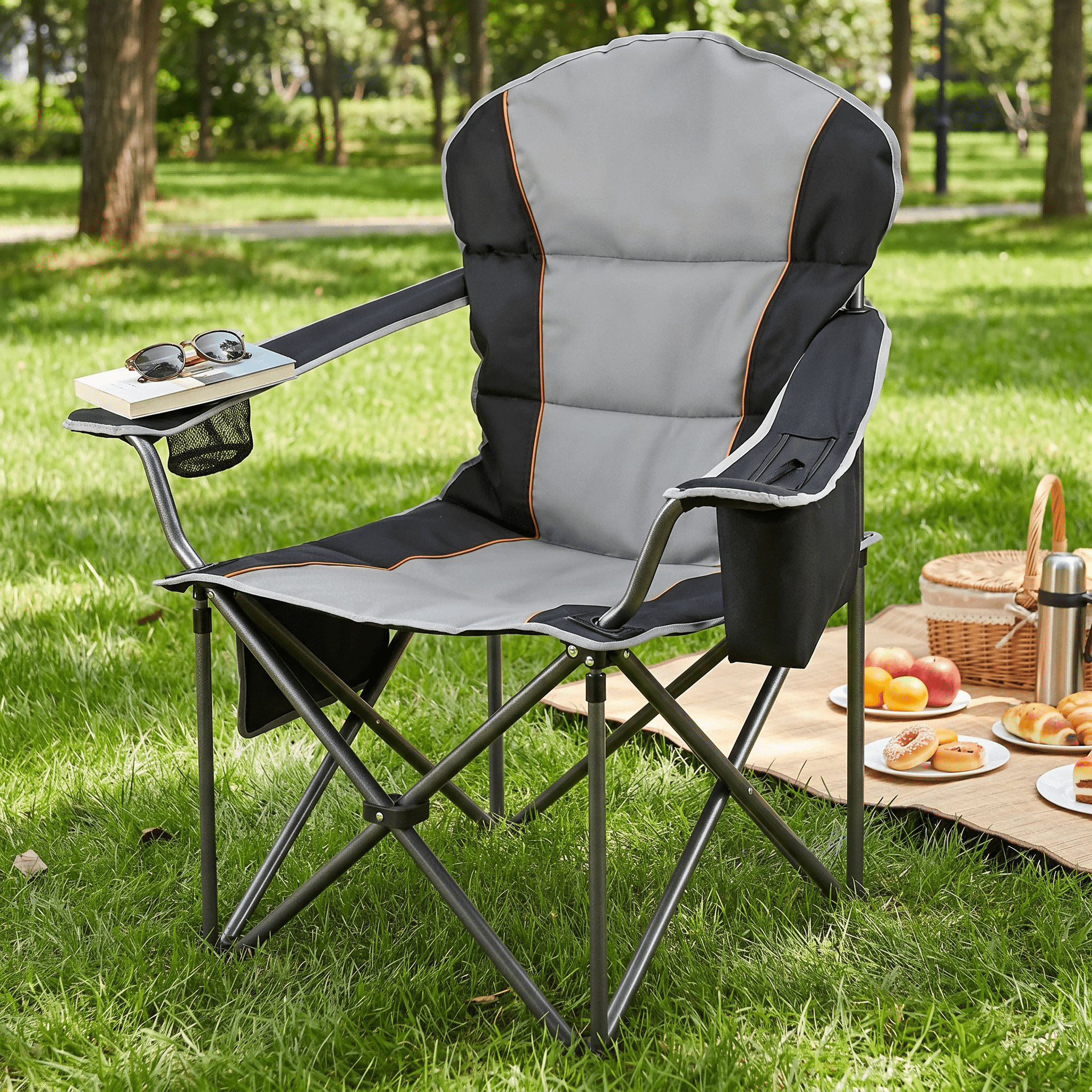 Blazezo Heavy Duty Camping Chair 500LBS Capacity, Oversized Folding Outdoor Chair with Cooler Bag & Storage Pockets, Portable Collapsible Lawn Chairs for Adults