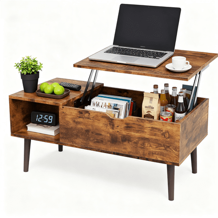 Blazezo Lift Top Coffee Table with Hidden Storage Compartment, 2-Tier Multifunctional Rising Center Table, Modern Sofa Couch Table with Lower Shelf for Living Room, Office, Small Space