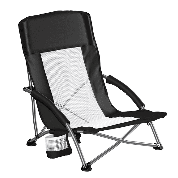 Blazezo Low Beach Chair for Adults, Folding Camping Chair with Breathable Mesh Back, Padded Armrests, Extra Wide Seat, Cup Holder & Storage Pocket, Lightweight for Camping, Picnic