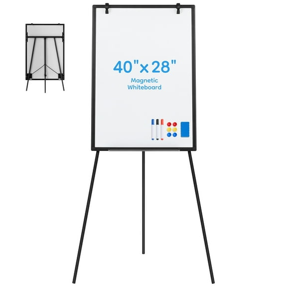 Blazezo Magnetic Whiteboard with Stand, 40x28 In Adjustable Height Easel, Portable Dry Erase Board on Tripod for Teachers, Kids, Home Office, Classroom, Presentations, Silver Frame Black
