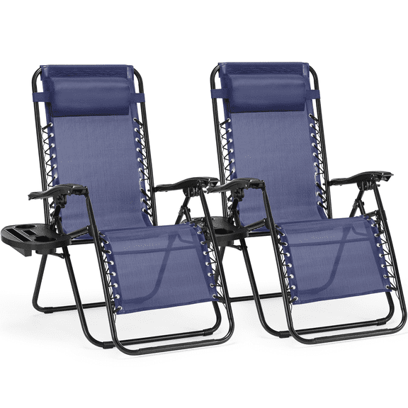 Blazezo Set of 2 Zero Gravity Chairs, Patio Recliner Lounge Chairs with Cup Holder & Side Tray, Portable Folding Outdoor Chair for Pool, Beach, Camping, Backyard, Lawn