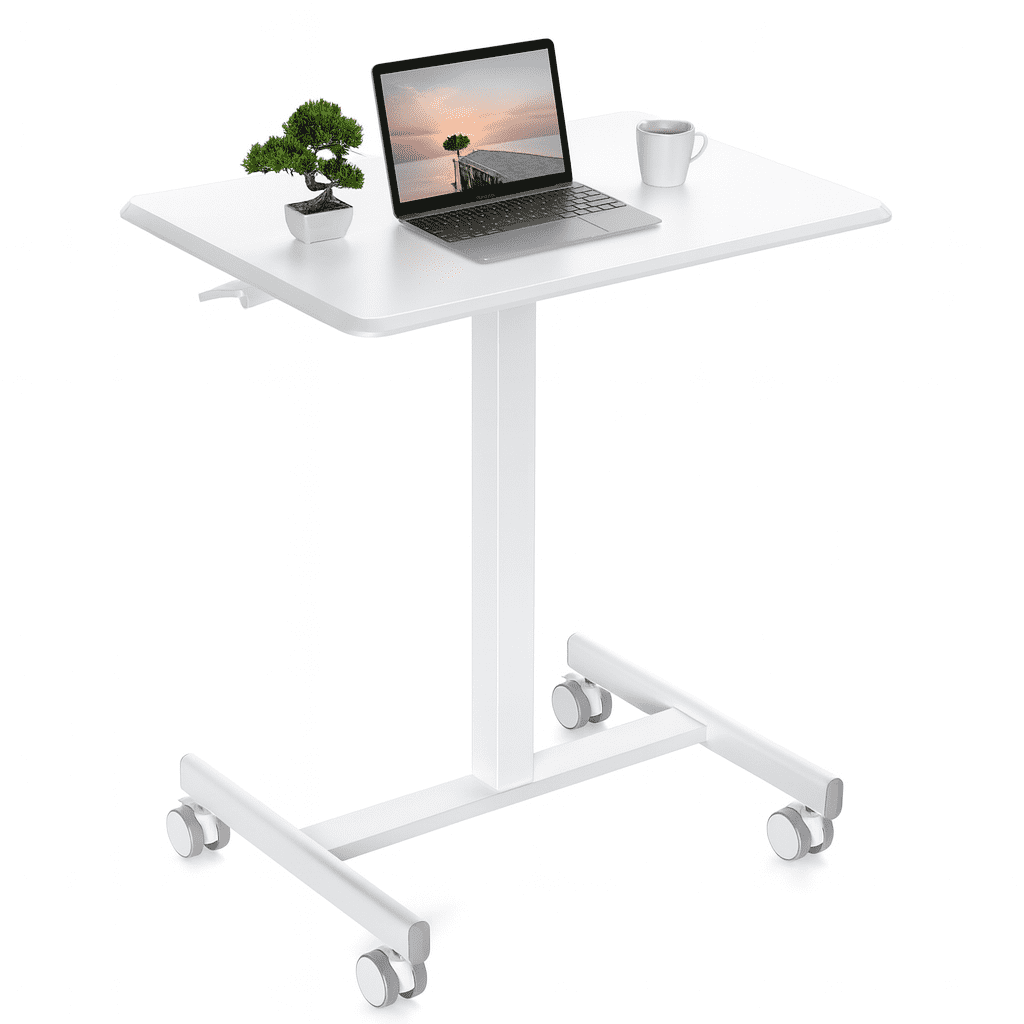 Blazezo Small Rolling Desk with Wheels, Portable Standing Desk Adjustable Height, Small Computer Desk with Lockable Casters, Compact Workstation for Home Office Use, 19 Inch Tabletop White