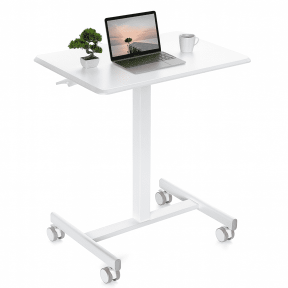 Blazezo Small Rolling Desk with Wheels, Portable Standing Desk Adjustable Height, Small Computer Desk with Lockable Casters, Compact Workstation for Home Office Use, 19 Inch Tabletop White