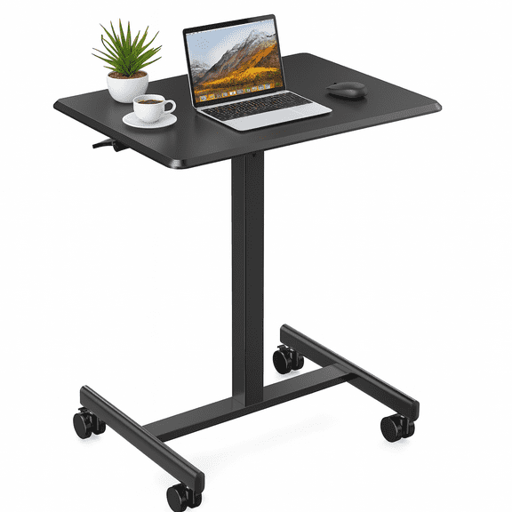 Blazezo Small Rolling Desk with Wheels, Portable Standing Desk Adjustable Height, Small Computer Desk with Lockable Casters, Compact Workstation for Home Office Use, 19 Inch Tabletop Black