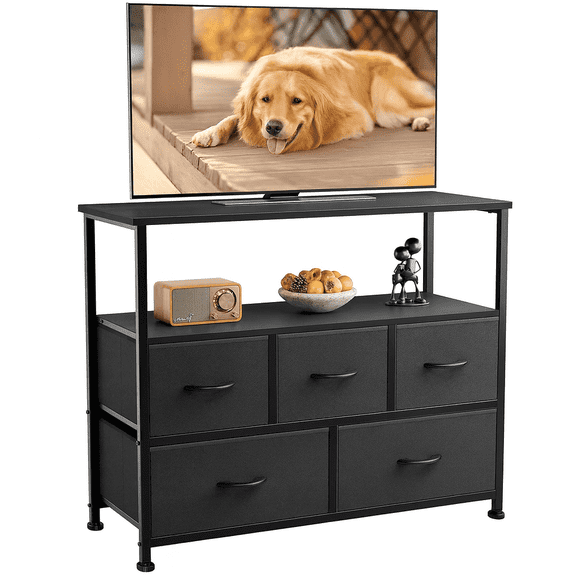 Blazezo TV Stand with 5 Fabric Drawers, Modern Dresser for Bedroom Living Room, Wood Entertainment Center for up to 45 inch TV, Storage Organizer Console Table with Shelf for Small Spaces (Black)