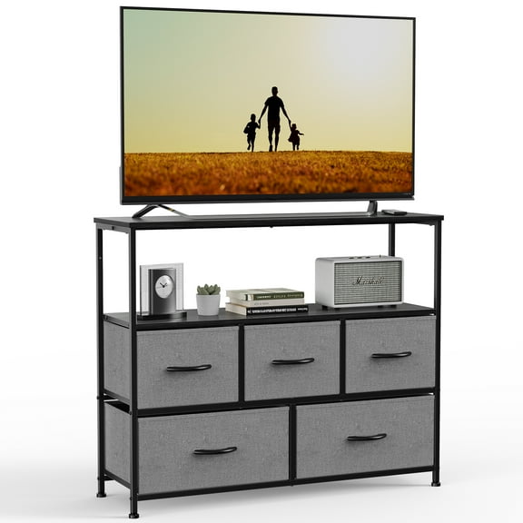 Blazezo TV Stand with 5 Fabric Drawers, Modern Dresser for Bedroom Living Room, Wood Entertainment Center for up to 45 inch TV, Storage Organizer Console Table with Shelf for Small Spaces (Gray)