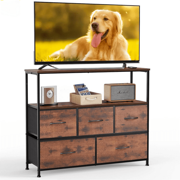 Blazezo TV Stand with 5 Fabric Drawers, Modern Dresser for Bedroom Living Room, Wood Entertainment Center for up to 45 inch TV, Storage Organizer Console Table with Shelf for Small Spaces (Rust)