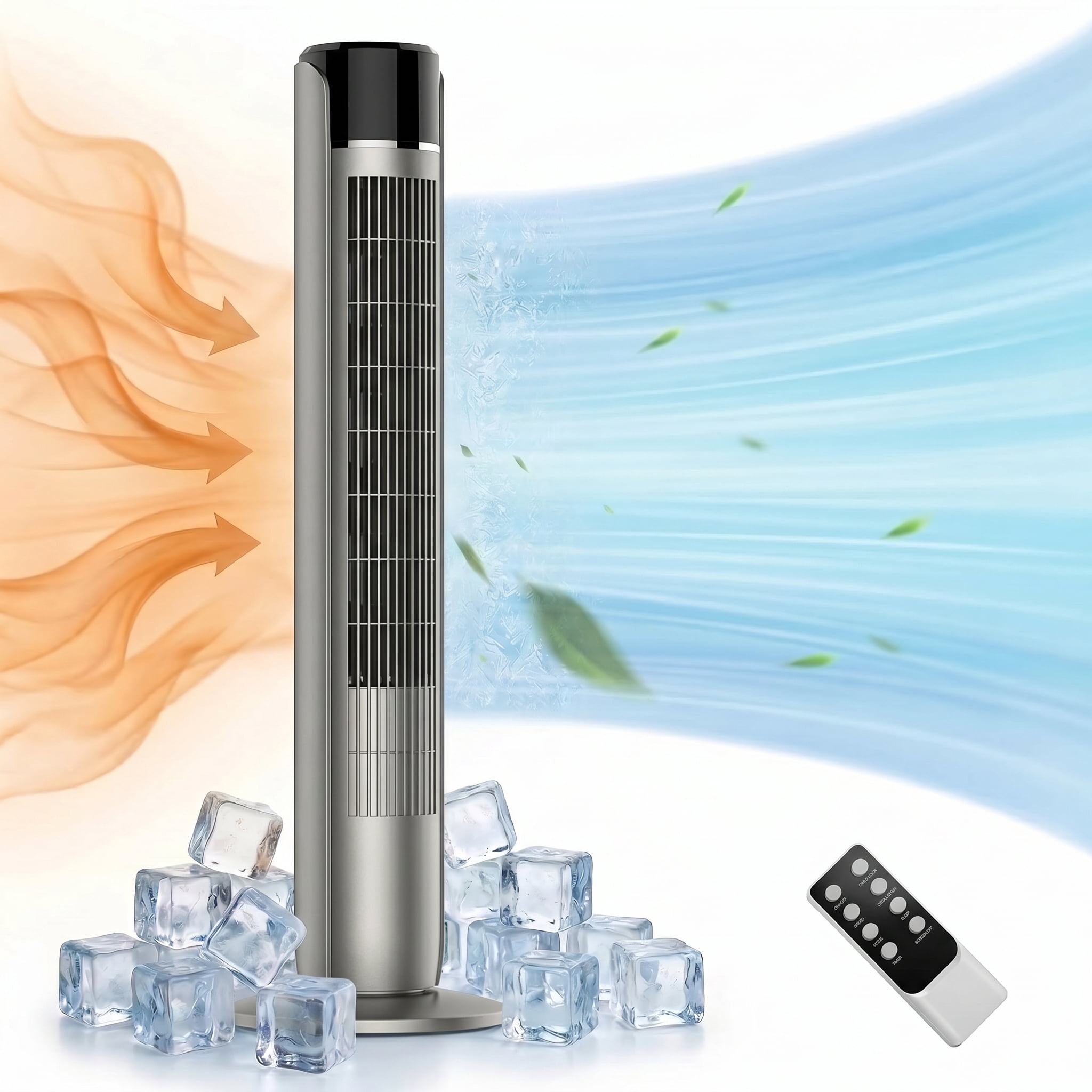 Blazezo Tower Fan With Remote, 60° Oscillating Bladeless Cooling Fan, 28dB Quiet Standing Floor Fan for Bedroom Home Office, 5 Speeds 4 Modes 12H Timer