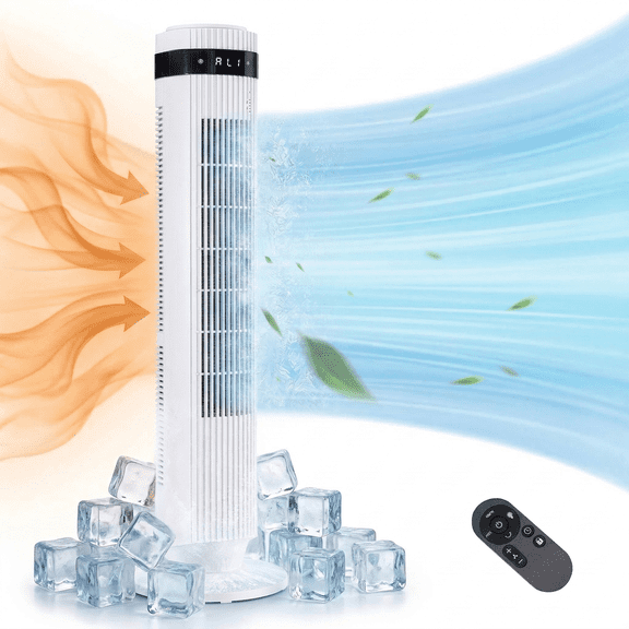 Blazezo Tower Fan With Remote, 64° Oscillating Bladeless Cooling Fan, 28dB Quiet Standing Floor Fan for Bedroom Home Office, 5 Speeds 4 Modes 12H Timer
