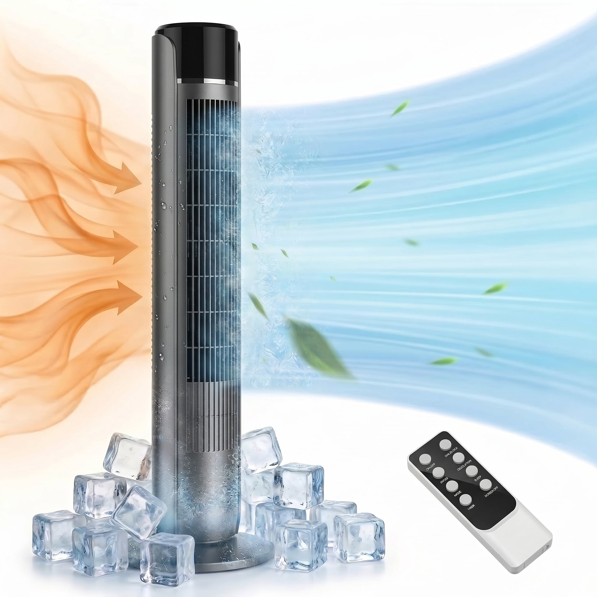 Blazezo Tower Fan With Remote, 60° Oscillating Bladeless Cooling Fan, 28dB Quiet Standing Floor Fan for Bedroom Home Office, 5 Speeds 4 Modes 12H Timer