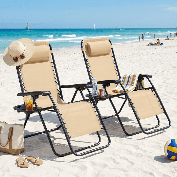 Blazezo Zero Gravity Chairs Portable Folding Recliner for Beach Camping Patio Outdoor Lounge Chair with Cup Holder Adjustable Pillow for Poolside Lawn (2 Pack)